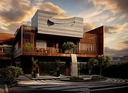 This villa design is based on a "scooped from a cube" concept. I used curved wooden elements to create the illusion of carving sections out of a solid block, resulting in a modern and sculptural architectural statement.