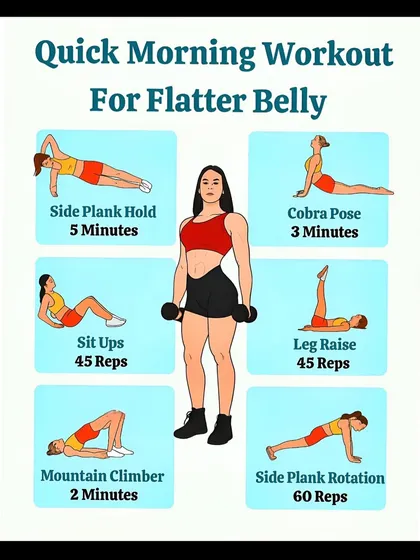 A quick morning workout for a flatter belly, featuring exercises like side plank holds, sit-ups, and mountain climbers.