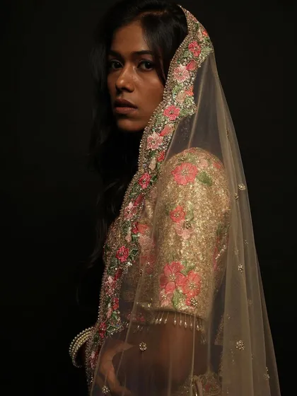 A classic pose with the dupatta over the head, showing how the simple, elegant makeup works for a more traditional bridal shot.