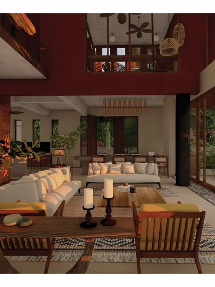 Inside the 'Red Haus', a double-height living room and open-plan layout create a seamless, transparent space. The master bedroom overlooks the living area, enhancing the sense of connection and openness throughout the villa.