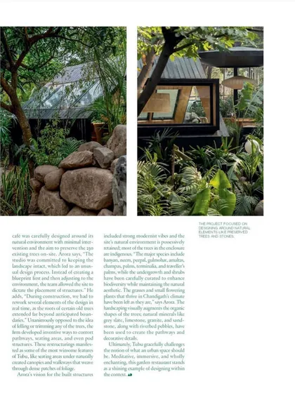A magazine spread detailing the project's philosophy. The design minimizes landscape impact, allowing the placement of structures to be dictated by the existing trees and topography.