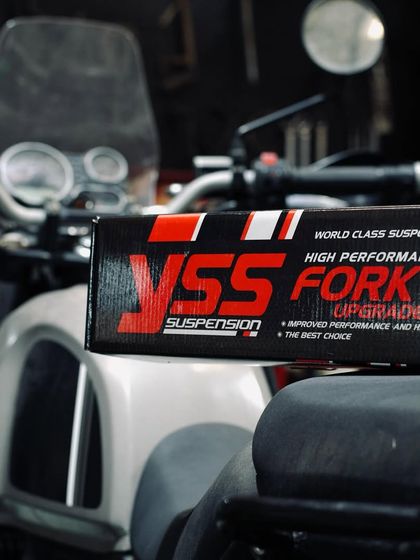 The YSS high-performance fork upgrade kit, ready to be installed on the RE Himalayan.