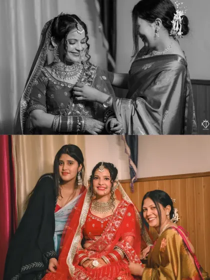 A collage of black and white and color photos showing the bride sharing special moments with her mother and bridesmaids.