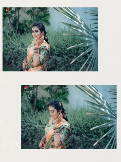 A collage of the bride in her beautiful saree, captured in an outdoor setting. Her happy and relaxed demeanor shines through in these natural portraits.