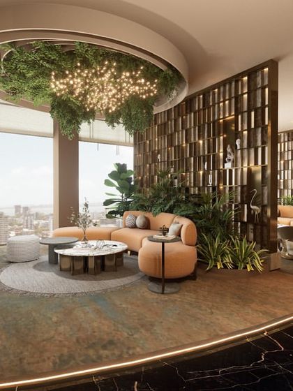 Another conceptual render showing the biophilic design at the heart of the lounge. A ceiling planter brings a cascade of greenery into the space, contrasting with the sleek marble floors and city view.