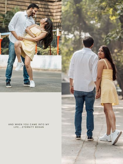 A playful dip and a quiet walk. This collage, with the quote "And when you came into my life, eternity began," perfectly captures the beginning of their forever.