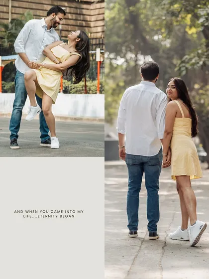 A playful dip and a quiet walk. This collage, with the quote "And when you came into my life, eternity began," perfectly captures the beginning of their forever.