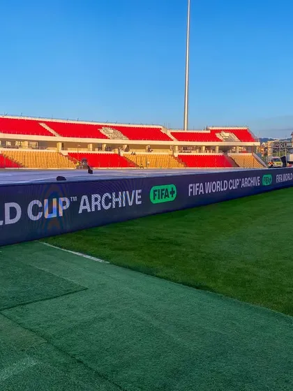 A close-up of the FIFA+ branding on our perimeter LED screens. This showcases our capability to work with global sporting bodies and deliver branding solutions that meet international standards.
