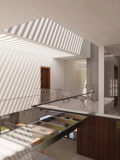 This is how I use light to shape a space. A slatted skylight casts moving patterns of shadow and sun throughout the day, creating a constantly changing atmosphere in this multi-level interior. The glass bridge connects spaces while keeping the home feeling open and airy.