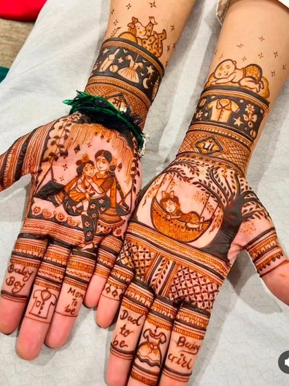 Another example of my baby shower mehandi, this one tells a story with a "Mom to be" and "Dad to be" portrait, a baby in a cradle, and other cute elements.