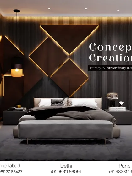 This image highlights our concept creation process, showing how we develop extraordinary interiors like this geometric-themed bedroom. Our journey starts with a strong concept to ensure a cohesive and impactful final design.