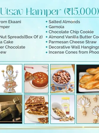 Discover what's inside the 'Utsav Hamper'. This graphic details all the items, from our Fruit & Nut Tea Cake to savoury Parmesan Cheese Straws and a Ganesha idol.