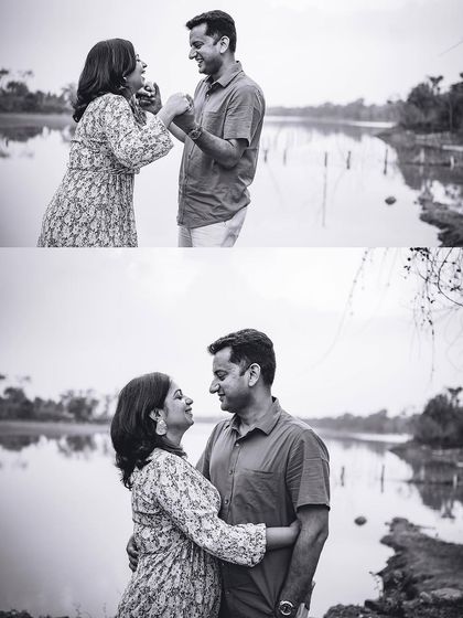 A black and white collage of a couple enjoying a playful and romantic time by a lake, capturing their laughter and quiet connection.