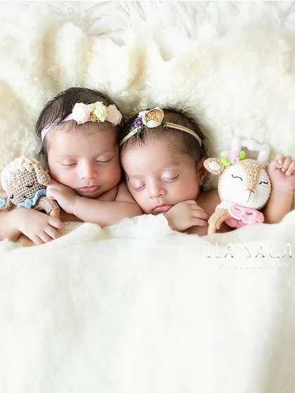 These props are perfect for twin newborn photography. This shot uses a large, soft cream-colored blanket, delicate floral headbands, and small crocheted stuffed animals to create a cozy scene.