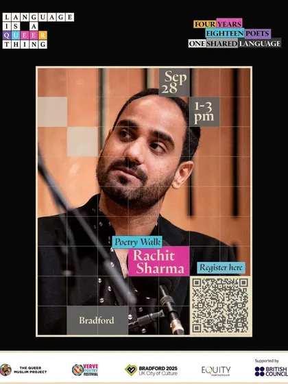It's a joy to see these walks travel. Here I am, featured on the poster for a Lyrical Walk in Bradford, England, as part of the 'Language is a Queer Thing' project. It's a testament to how poetry can connect communities across borders.