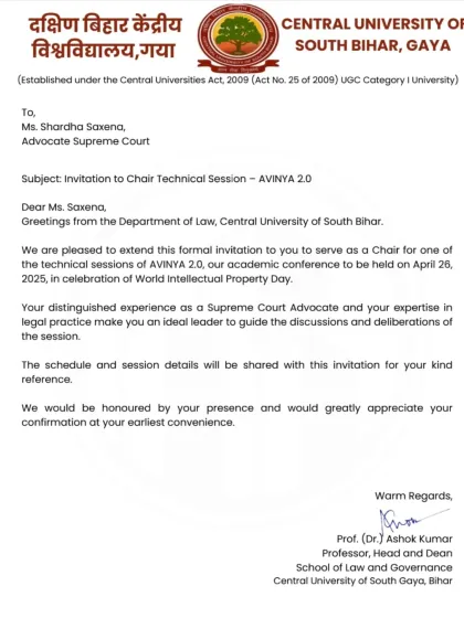 The official invitation to chair a technical session at the AVINYA 2.0 academic conference. My expertise is not limited to family law; I also practice and speak on IPR.