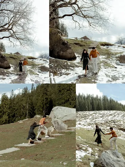 A collage showing the adventurous side of a Manali pre-wedding shoot. The couple helps each other over rocks and walks through snowy paths, telling a story of partnership and support.