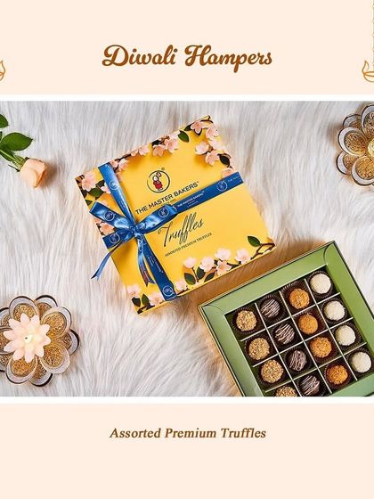 Chocolate lovers will appreciate this elegant Diwali hamper. It features a box of our assorted premium truffles, each crafted to be a masterpiece of flavor, presented in a beautiful floral-themed box.