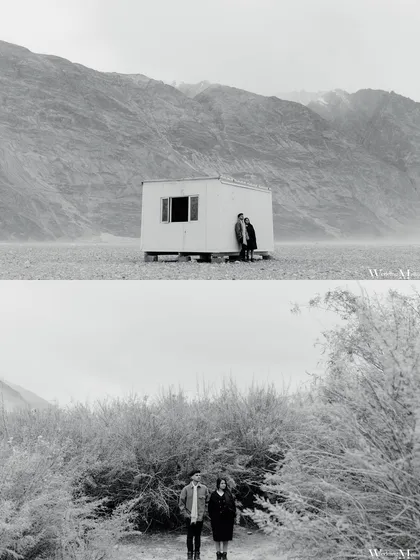 A minimalist diptych from Ladakh, featuring the couple in the vast, open landscape. These shots have a quiet, artistic quality that emphasizes the feeling of being alone together in the world.