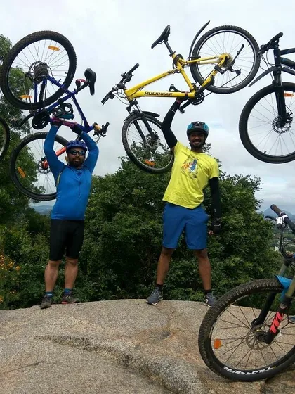 The classic "bikes up" celebration shot, a tradition on our rides when we reach a scenic viewpoint.