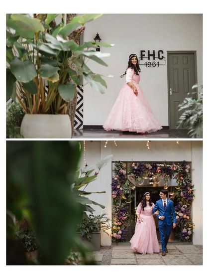 A collage showing a couple's entrance and a solo portrait of the bride. The floral archway and the building's architecture provide beautiful frames for these shots.