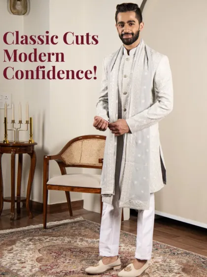 I believe in classic cuts that inspire modern confidence. This all-white Indo-Western ensemble, featuring a structured jacket and a delicately embroidered stole, is a testament to that philosophy. It's a look that is both grounded in tradition and powerfully contemporary.