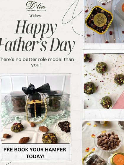 A collage showcasing our Father's Day gift hamper. It highlights the assortment of treats inside, including oat brownies, pistachio millet cookies, and choco almonds, with a "Pre-Book Your Hamper" call to action.