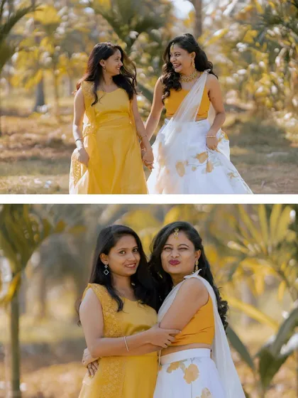 A collage of a bride's Haldi portraits with her friends, capturing their joyful and affectionate moments.