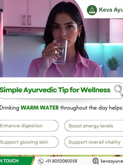 Here is a simple Ayurvedic tip for daily wellness. Drinking warm water throughout the day helps enhance digestion, boost energy levels, support glowing skin, and improve your overall vitality.