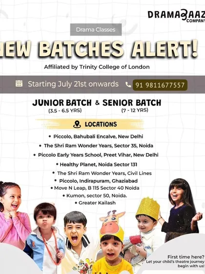 Here's a list of all the new drama batches starting in July across Delhi, Noida, and Ghaziabad. Find the perfect location and time for your child's theatre journey.