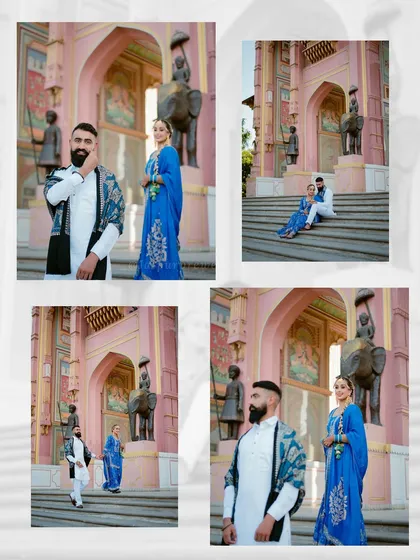 A collage of Harpreet and Arpanjot at Patrika Gate, showcasing the vibrant colors and intricate artwork of each archway. Their royal blue outfits create a striking contrast.