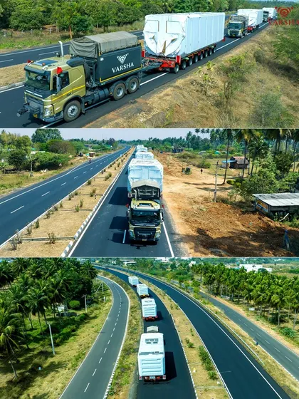 Our aerial videography excels at documenting large-scale logistics. Here, we track a convoy for Varsha Logistics in Madurai, using high-altitude shots to emphasize the impressive scale of the fleet and the efficiency of the operation.