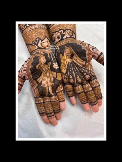 A close-up of the palms for a bridal design that tells a story. This one features a Jain Diksharthi theme, with figures representing the spiritual journey.