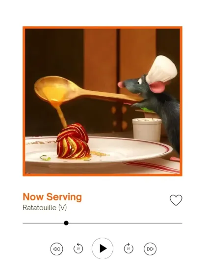 The star of the show. This graphic announces the serving of the Ratatouille itself, plated beautifully just as it is for the critic in the film. It's the moment everyone waits for.