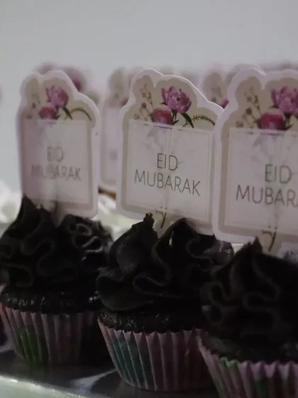 A lineup of my "Eid Mubarak" cupcakes, perfect for sharing with family and friends during the celebration.