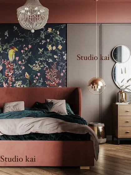 Another angle of our romantic bedroom design, highlighting the beaded chandelier and the mix of textures. 3D visualizations like this help our clients confidently choose bold design elements.