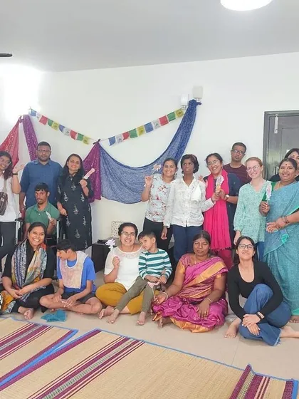 A group photo with the amazing children and staff at Snehadhara Foundation after a day of stories and activities.
