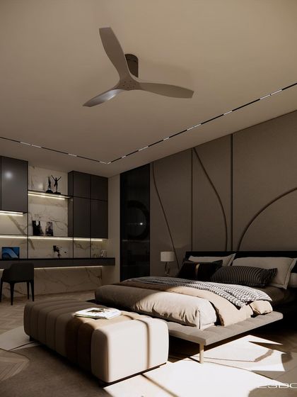 This view of the Meraki bedroom highlights the custom wall paneling with its gentle, organic curves. The design adds a soft, sculptural element to the room, balancing the clean lines of the modern furniture.