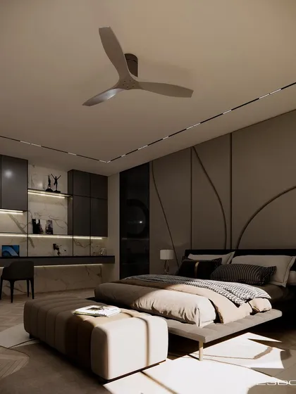 This view of the Meraki bedroom highlights the custom wall paneling with its gentle, organic curves. The design adds a soft, sculptural element to the room, balancing the clean lines of the modern furniture.