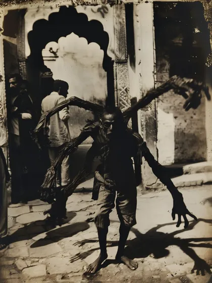 A creature with multiple, spindly arms, photographed in a grainy, archival style from the 'once upon a time' series. This series creates a fake history of monsters and myths.