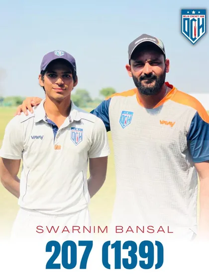 Celebrating Swarnim Bansal's massive double hundred. He scored an incredible 207 runs, leading the team from the front.
