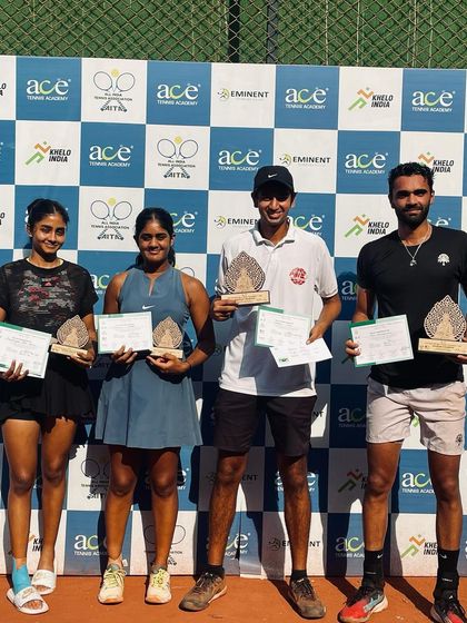 Another shot of our proud players at the AITA 1 lakh event in Ahmedabad, showcasing their trophies and certificates after a week of intense competition.