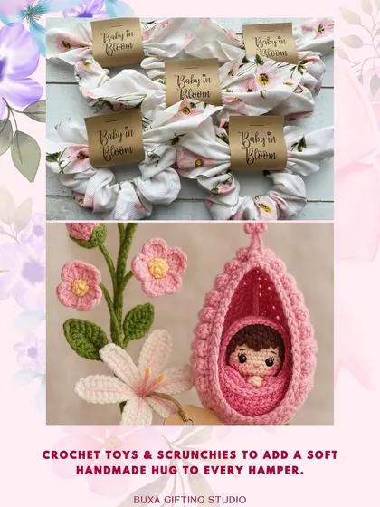 More ideas for a "Baby in Bloom" hamper, featuring handmade crochet toys and floral scrunchies.