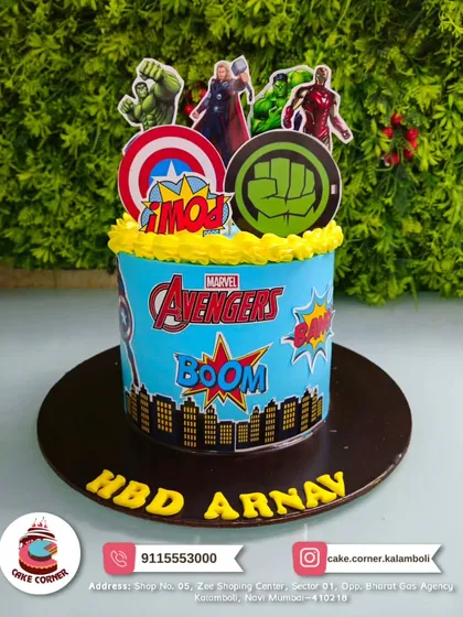Assemble the team for a super birthday with this Avengers-themed cake. It features the Hulk, Thor, and Iron Man, complete with the iconic Avengers logo, perfect for your little hero.