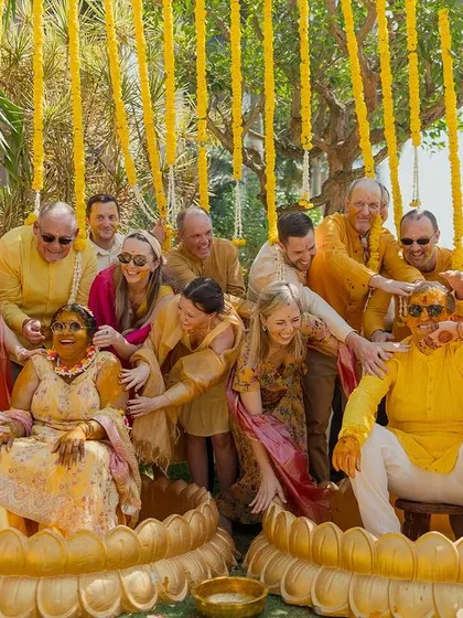 The Haldi ceremony is all about joy, and this moment captures it perfectly. I plan pre-wedding events that are full of life, color, and laughter, bringing both families together for unforgettable fun.