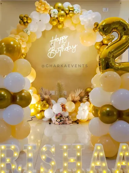 The complete setup for Trishaan's elegant 2nd birthday party, showing the balloon columns and full arch.