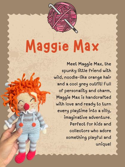 Meet Maggie Max, a spunky doll with wild, noodle-like hair. Full of personality, this unique amigurumi friend is perfect for imaginative play.