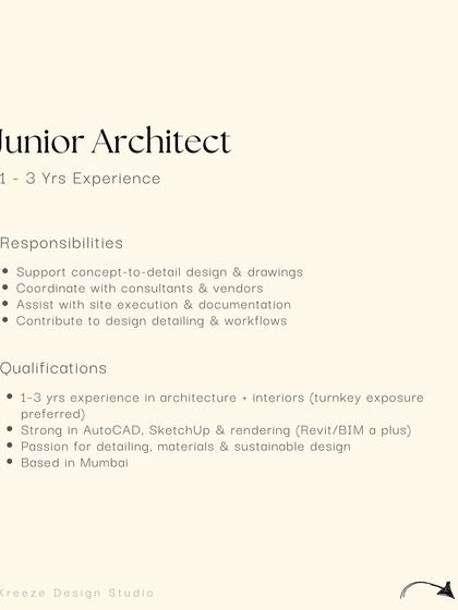 A detailed breakdown of a Junior Architect position at Kreeze Design Studio in Mumbai, specifying responsibilities like concept-to-detail design and coordination with consultants.