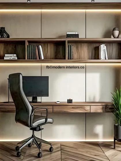 This home office setup was designed for focus and productivity. It features a floating desk with ample drawer space, integrated shelving for books and decor, and warm, under-cabinet LED lighting to create a comfortable and clutter-free workspace.