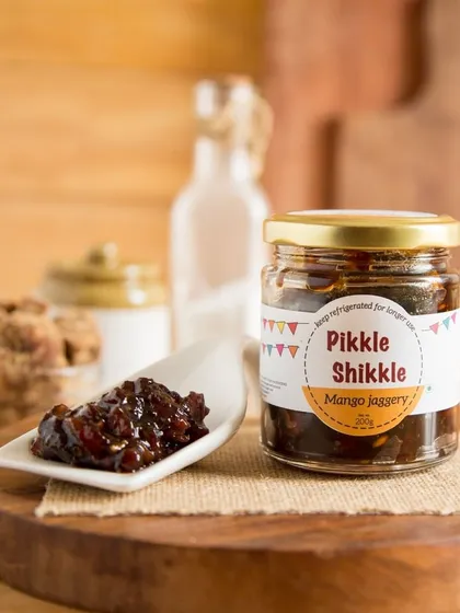 A beautifully staged shot of my Mango Jaggery pickle. It's a unique flavour that combines the sourness of mango with the earthy sweetness of jaggery.